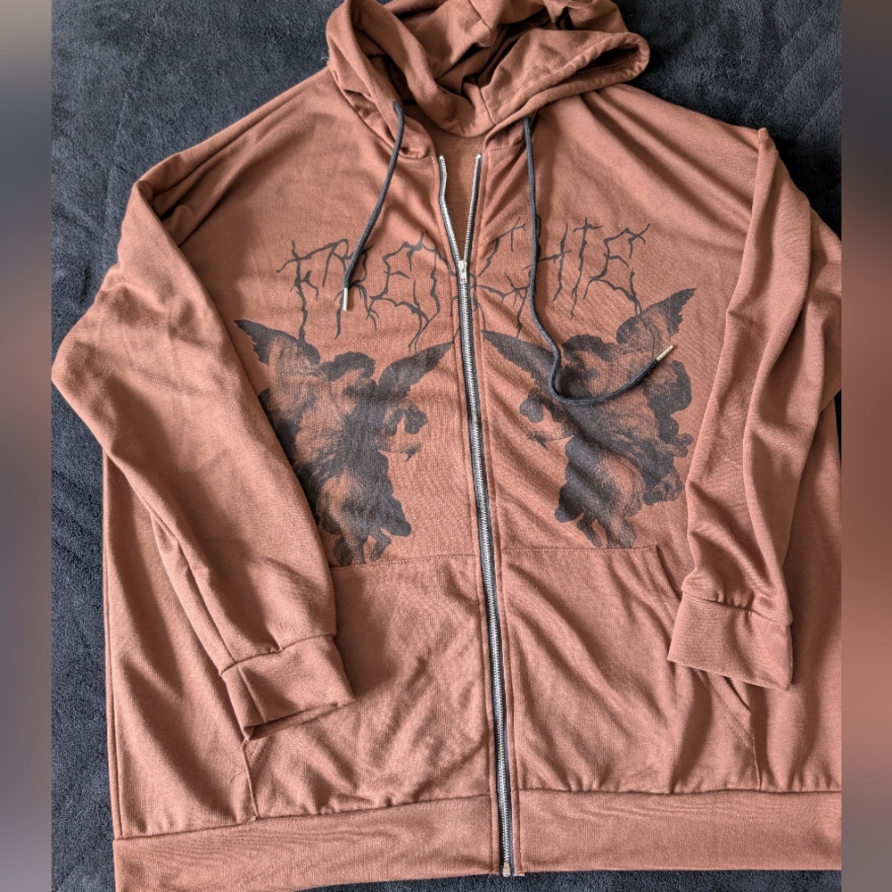 Y2K Frenchie Dark Angel Cherub Graphic Brown Full Zip Streetwear Hoodie Sz M image 2